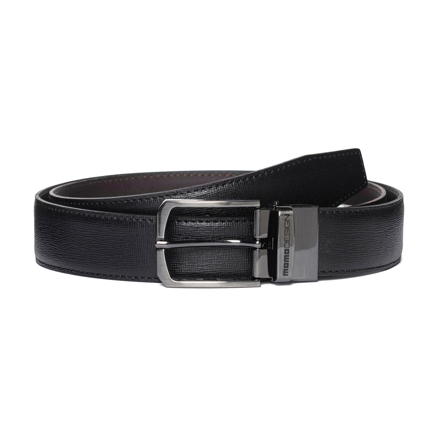 Momodesign Cintura in pelle saffiano nera / blu con fibbia in metallo spazzolato
